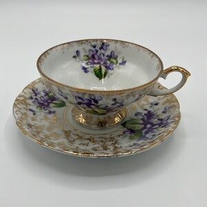 NAPCO CHINA ORIGINAL HAND PAINTED TEACUP SET PURPLE VIOLETS GOLD TRIM